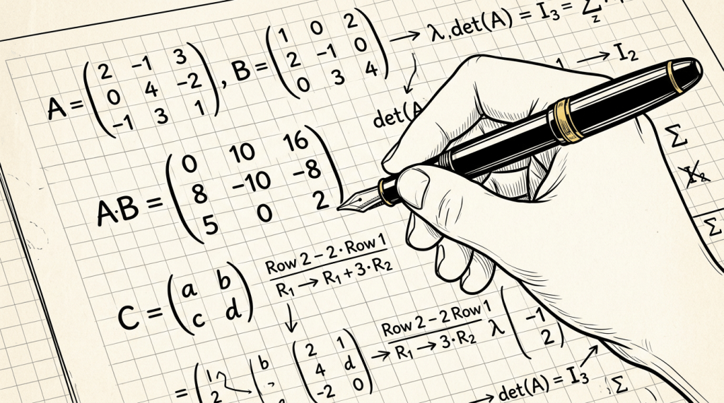 Hand writing matrix equations, multiplication steps, determinants, and eigenvalues