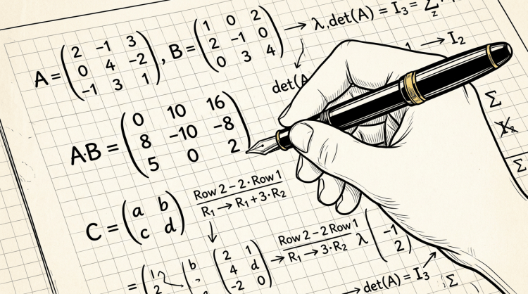Hand writing matrix equations, multiplication steps, determinants, and eigenvalues